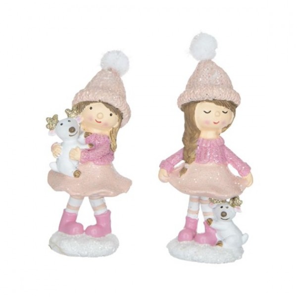 Fetiță de ceramica în roz cu ren 12cm