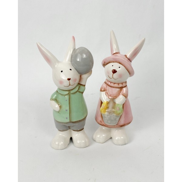 Iepuraș de ceramica lucioasa 13cm roz-verde
